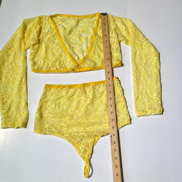 Nadhenri&co Two Tone Yellow Lace Lingerie Set Long Sleeve and High Waised Bottom - Picture 9 of 10